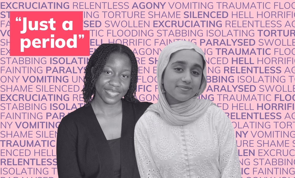 Photo of a young white and asian woman in black and white in front of many words describing periods such as painful, flooding
