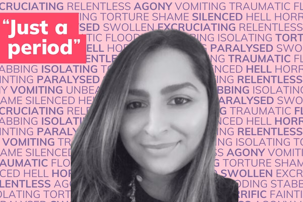 Photo of a woman in black and white in front of many words describing periods such as painful, flooding