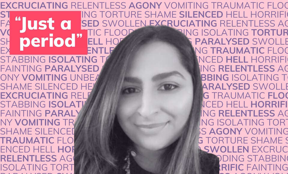 Photo of a woman in black and white in front of many words describing periods such as painful, flooding