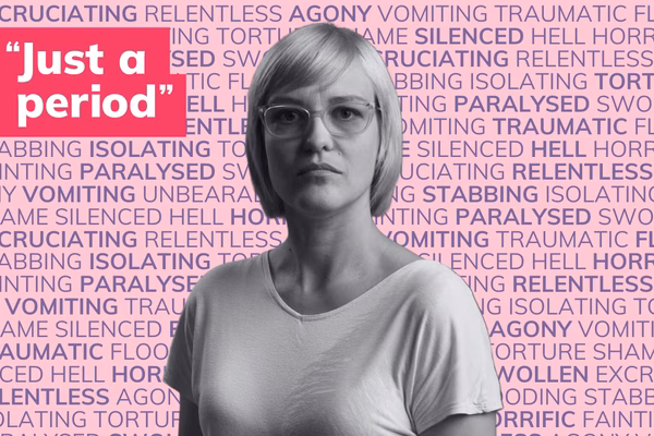 Black and white photo of a white blonde woman looking serious. The background is words describing periods such as agony, pain, flooding.