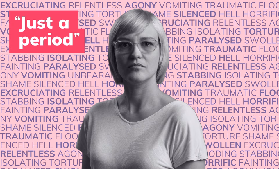 Black and white photo of a white blonde woman looking serious. The background is words describing periods such as agony, pain, flooding.