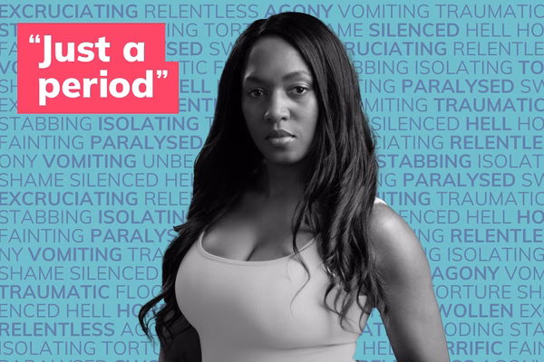 Photo of a young black woman in black and white in front of many words describing periods such as painful, flooding
