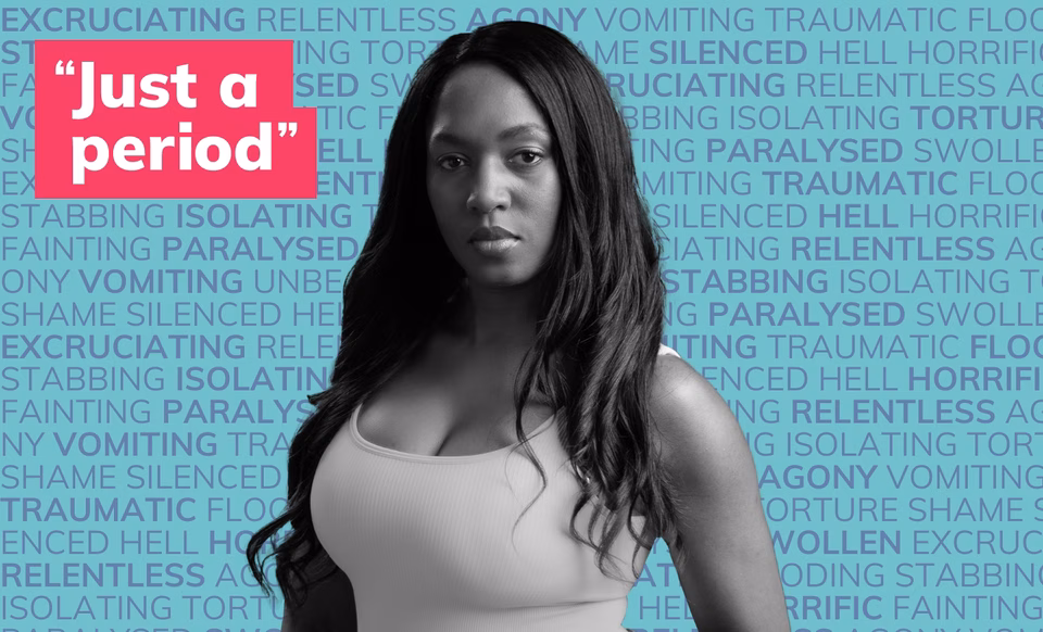 Photo of a young black woman in black and white in front of many words describing periods such as painful, flooding