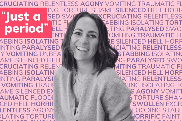 Photo of a young white woman in black and white in front of many words describing periods such as painful, flooding