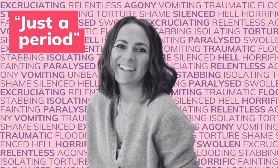 Photo of a young white woman in black and white in front of many words describing periods such as painful, flooding