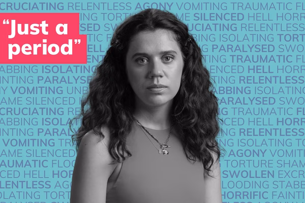 Photo of a young white woman in black and white in front of many words describing periods such as painful, flooding