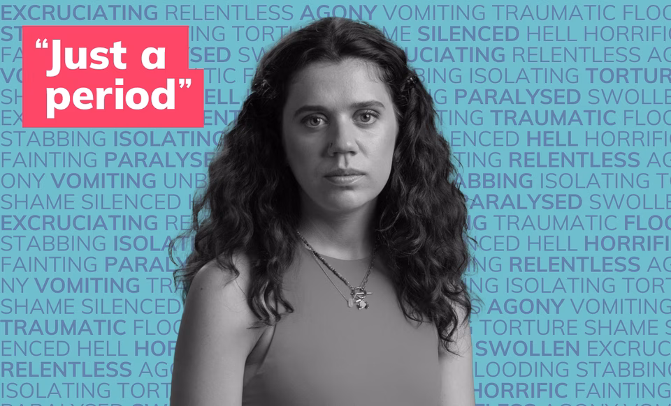 Photo of a young white woman in black and white in front of many words describing periods such as painful, flooding