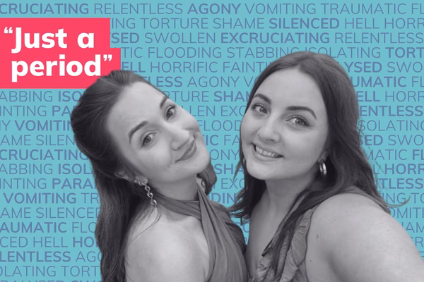 Photo of two young white woman in black and white in front of many words describing periods such as painful, flooding