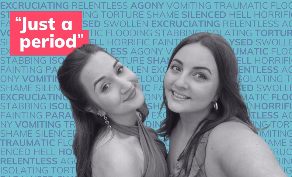 Photo of two young white woman in black and white in front of many words describing periods such as painful, flooding