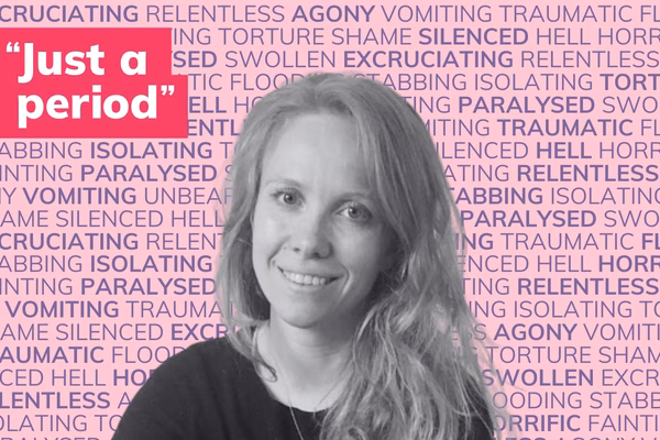 Photo of a white woman in black and white in front of many words describing periods such as painful, flooding