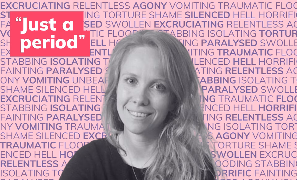 Photo of a white woman in black and white in front of many words describing periods such as painful, flooding