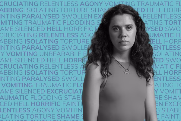 Photo of a white woman looking at the camera in black and white. The background has words describing periods such as pain, flooding