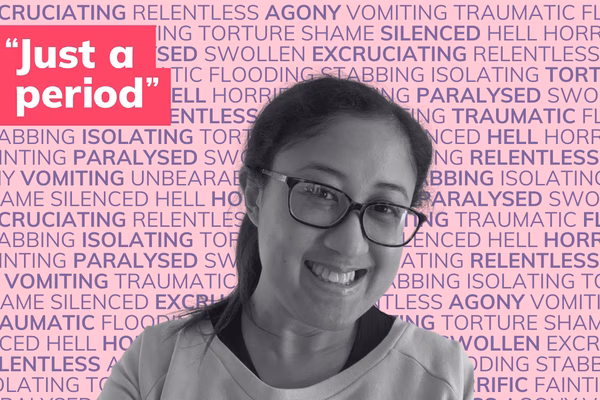 Photo of a woman in black and white in front of many words describing periods such as painful, flooding