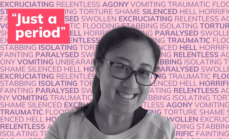 Photo of a woman in black and white in front of many words describing periods such as painful, flooding