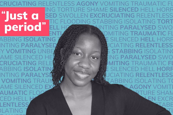 Photo of a young black women in black and white in front of many words describing periods such as painful, flooding