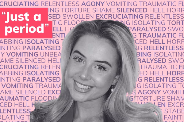 Photo of a young white woman in black and white in front of many words describing periods such as painful, flooding