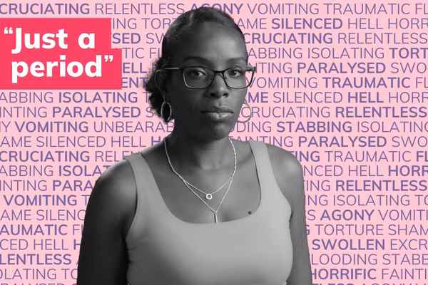 Photo of a young black woman in black and white in front of many words describing periods such as painful, flooding