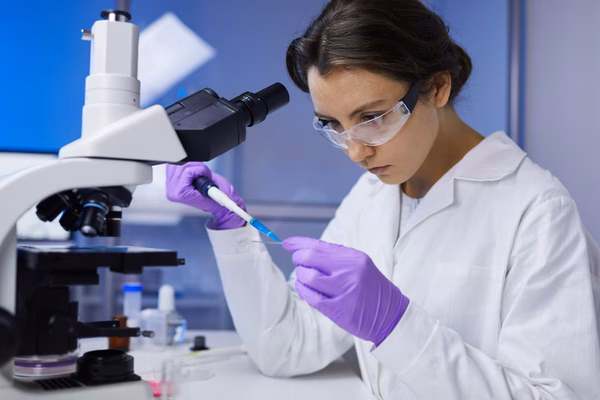 A young female researcher adds substance to a slide to study under a nearby microscope