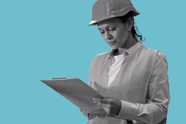 A women wearing a hard hat looking at a clipboard.