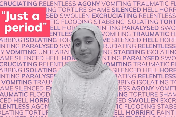 Photo of a young woman in black and white in front of many words describing periods such as painful, flooding