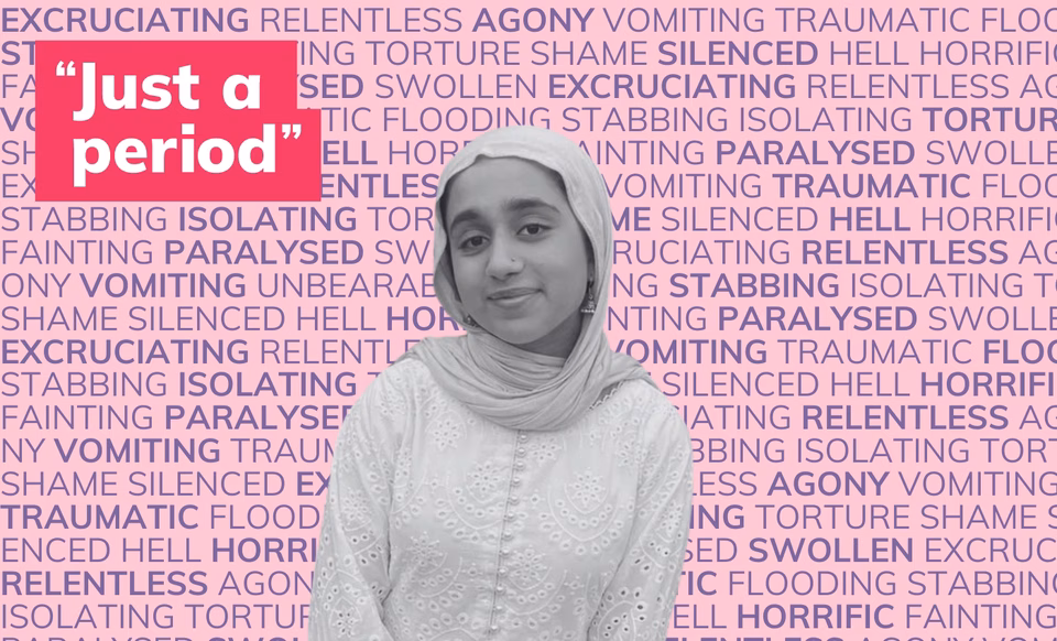 Photo of a young woman in black and white in front of many words describing periods such as painful, flooding